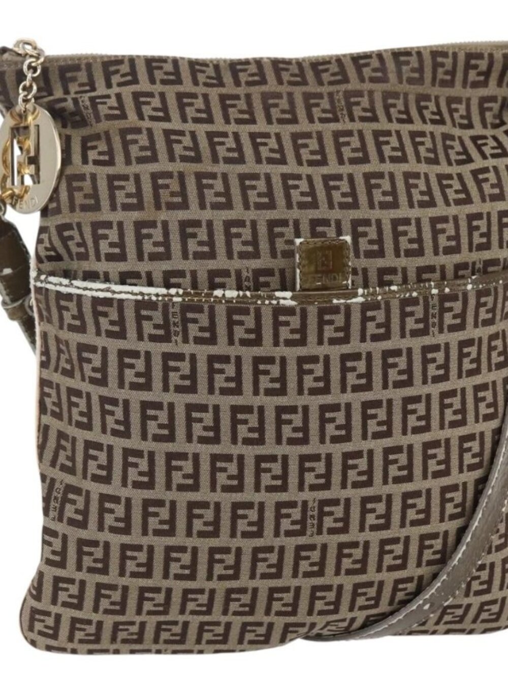 Authentic FENDI Zucchino Canvas Shoulder Bag Beige Gold